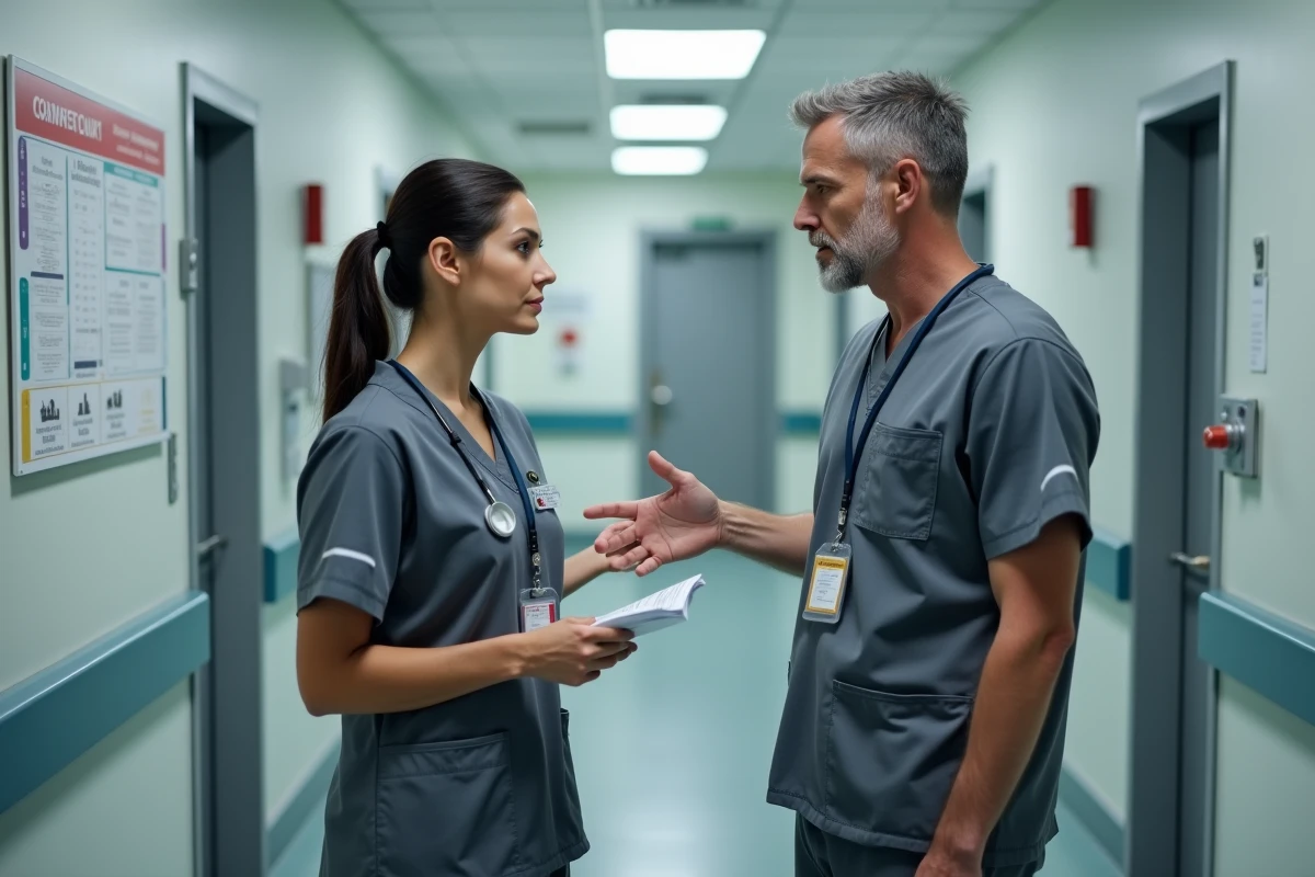 Deux aides-soignants discutant de l'organisation des horaires et de la charge de travail dans un couloir hospitalier