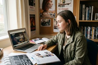 Jeune femme de 18 ans consultant des brochures d'écoles de cinéma sur son bureau, entourée de matériel cinématographique, pour s'orienter après le bac