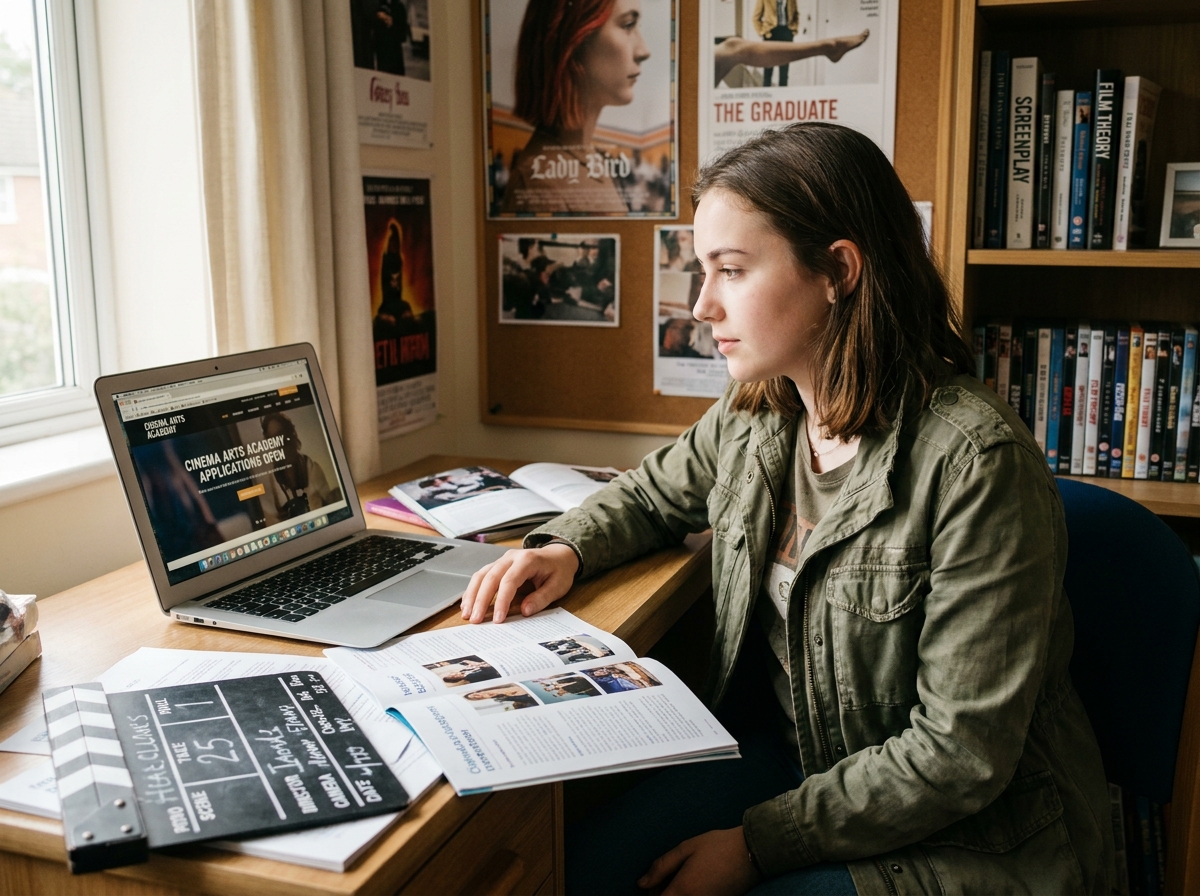 Jeune femme de 18 ans consultant des brochures d'écoles de cinéma sur son bureau, entourée de matériel cinématographique, pour s'orienter après le bac