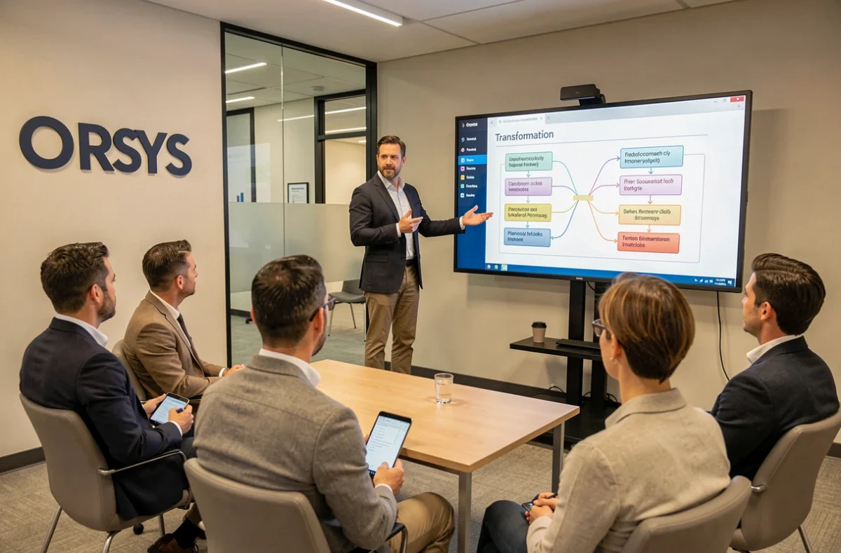 Formateur Orsys présentant une feuille de route de transformation digitale à un groupe de managers adultes dans une salle de formation corporate moderne