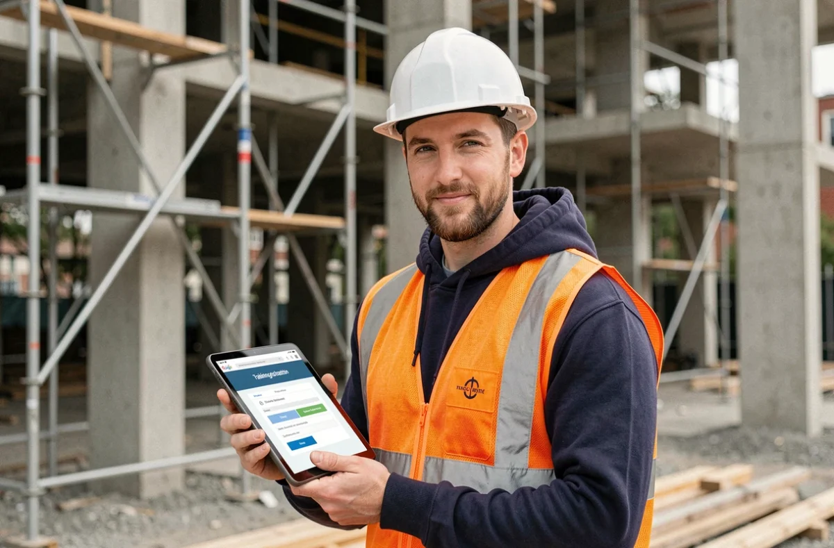 Ouvrier du BTP sur chantier consultant un portail de formation à prix réduit sur tablette
