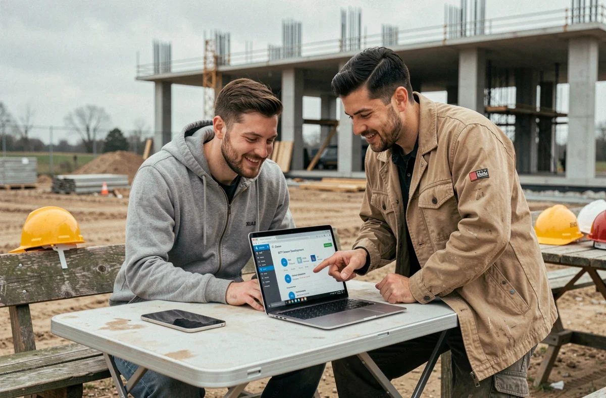 Deux ouvriers du BTP consultant une plateforme de développement de carrière en ligne sur un chantier de construction