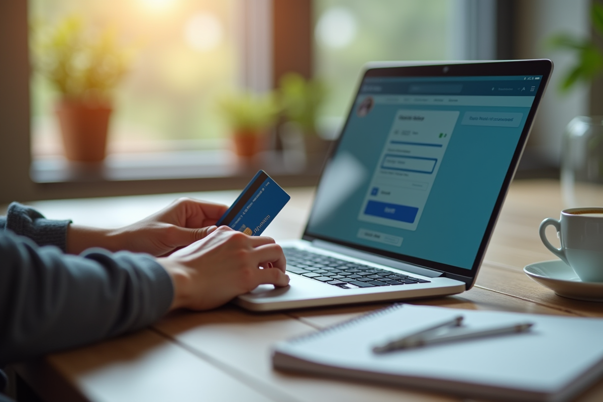 Gros plan sur des mains utilisant une carte bancaire sur un ordinateur portable