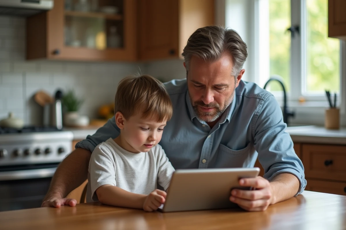 P&egrave;re guidant son fils avec une tablette &agrave; la cuisine