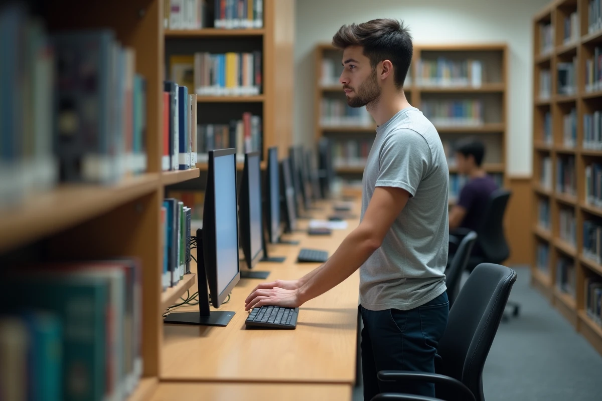Étudiant masculin accédant aux paramètres de redirection de son adresse email universitaire Clermont-Ferrand depuis une bibliothèque universitaire