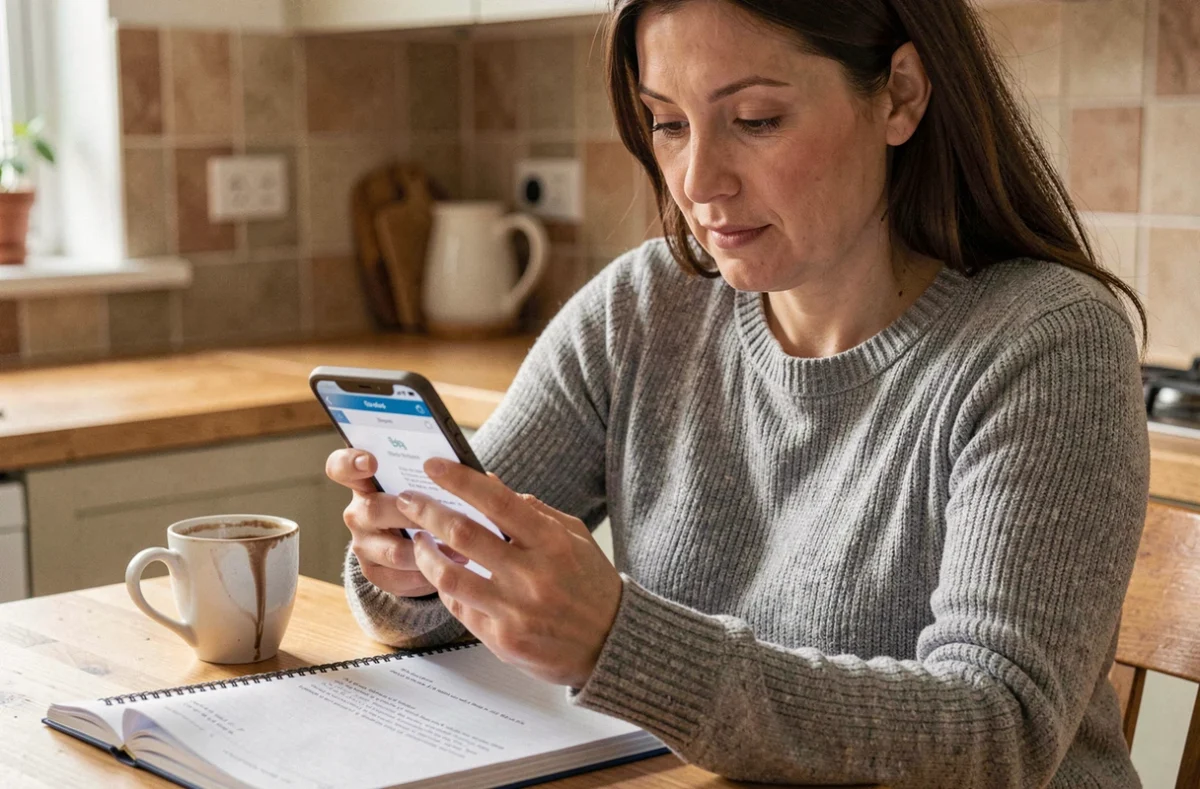 Mère consultant le cahier de textes numérique Paris Classe Numérique sur smartphone à la maison