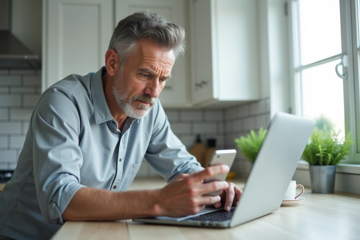 Parent concentré consultant son téléphone et son ordinateur portable dans une cuisine pour résoudre un problème de connexion au portail scolaire maclasse.fr