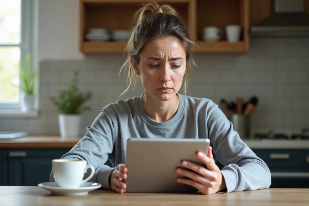 Parent inquiet consultant le portail ENT hors ligne depuis une tablette dans la cuisine