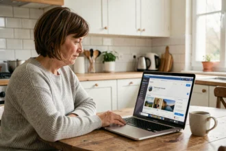 Mère d'étudiant consultant le portail my psb sur un ordinateur portable dans une cuisine moderne