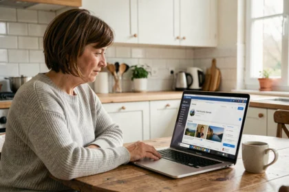 Mère d'étudiant consultant le portail my psb sur un ordinateur portable dans une cuisine moderne