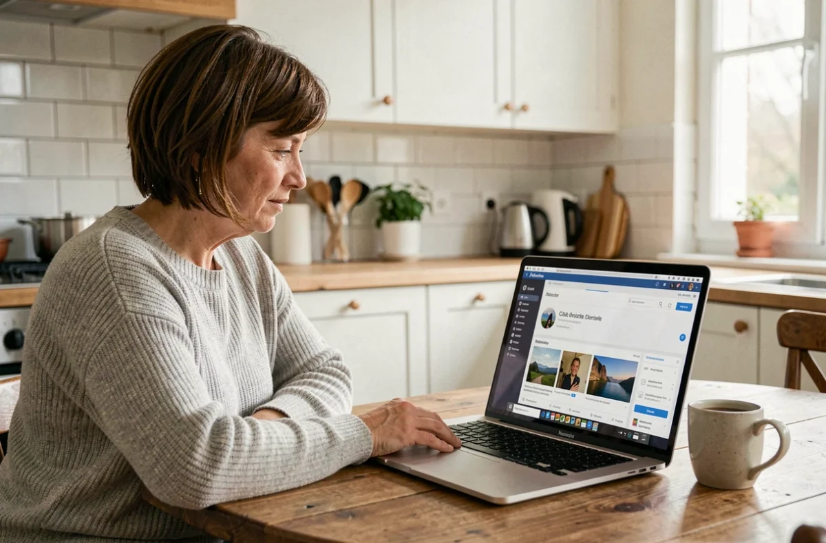 Mère d'étudiant consultant le portail my psb sur un ordinateur portable dans une cuisine moderne