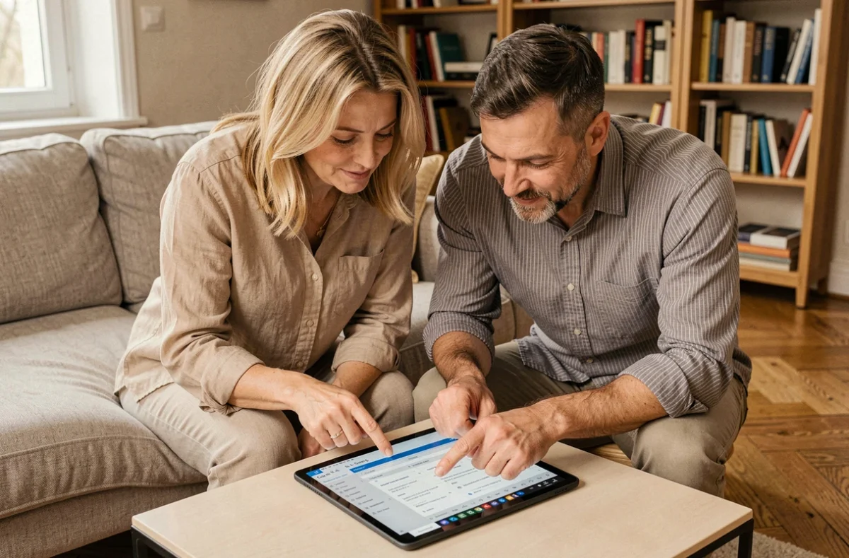 Couple de parents d'étudiants PSB consultant ensemble le suivi scolaire sur une tablette dans le salon