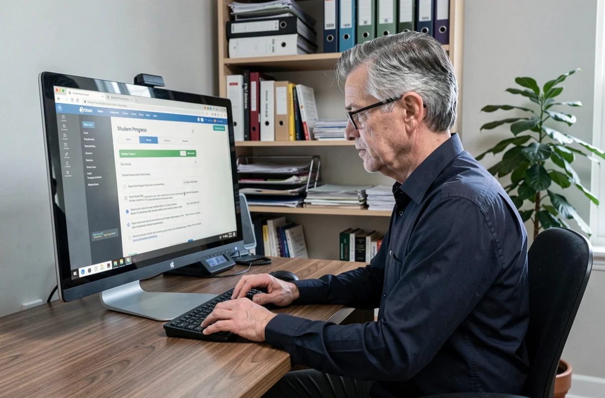 Père d'étudiant PSB consultant les résultats scolaires sur un ordinateur de bureau à domicile
