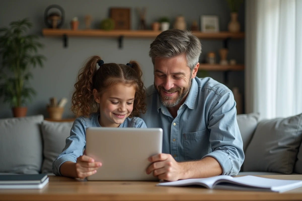 Pere et fille regardant une tablette dans le salon cosy