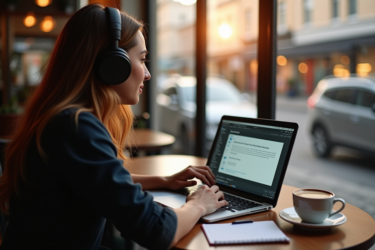 Personne au café suivant une formation en ligne sur son ordinateur
