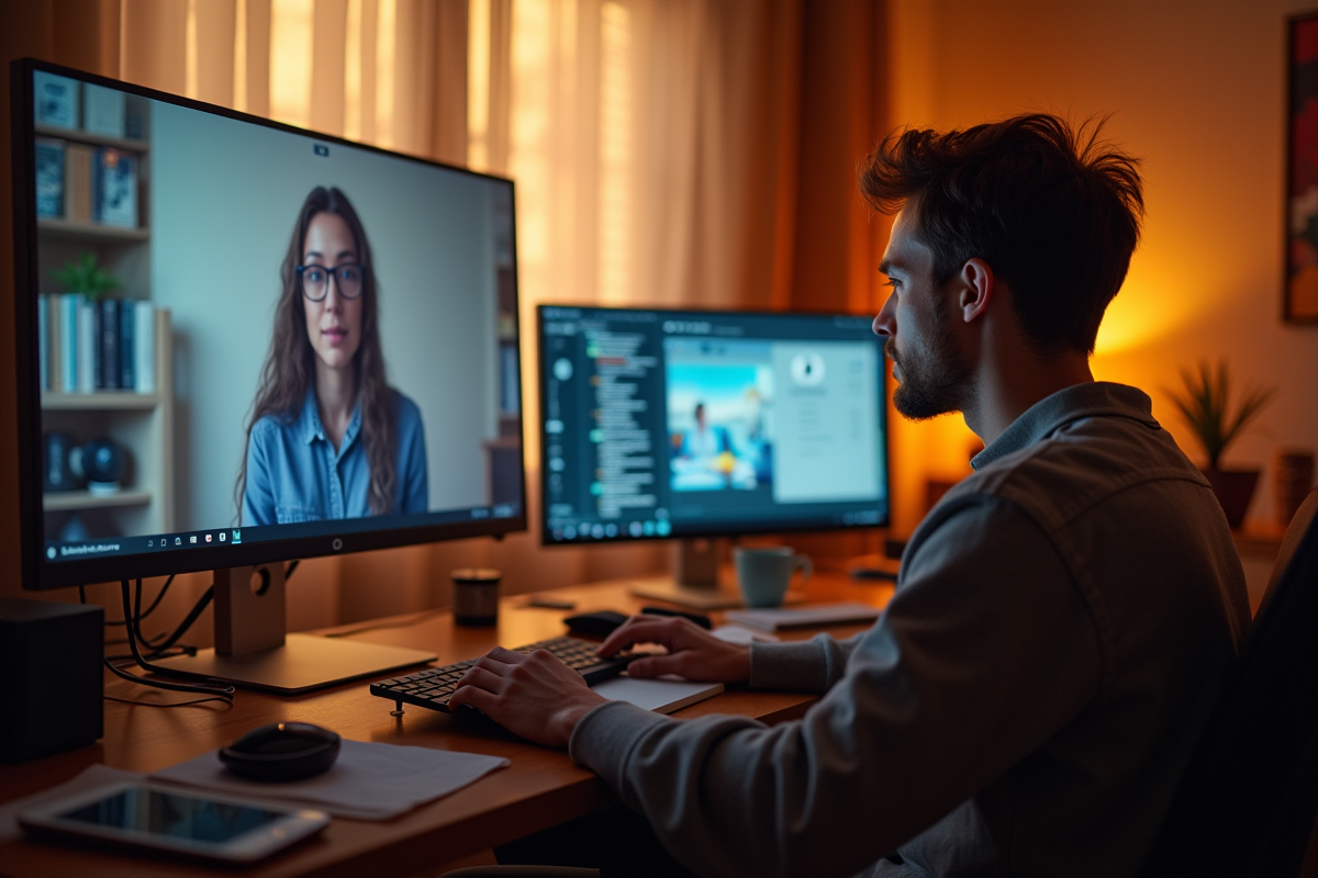 Personne concentrée sur un cours en ligne dans un espace cosy