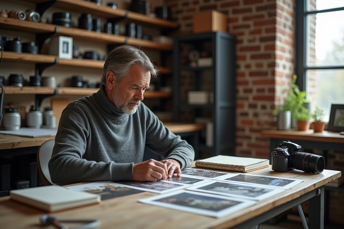 Photographe masculin analysant des tirages photo sur une table en bois dans un atelier créatif aux murs en briques apparentes