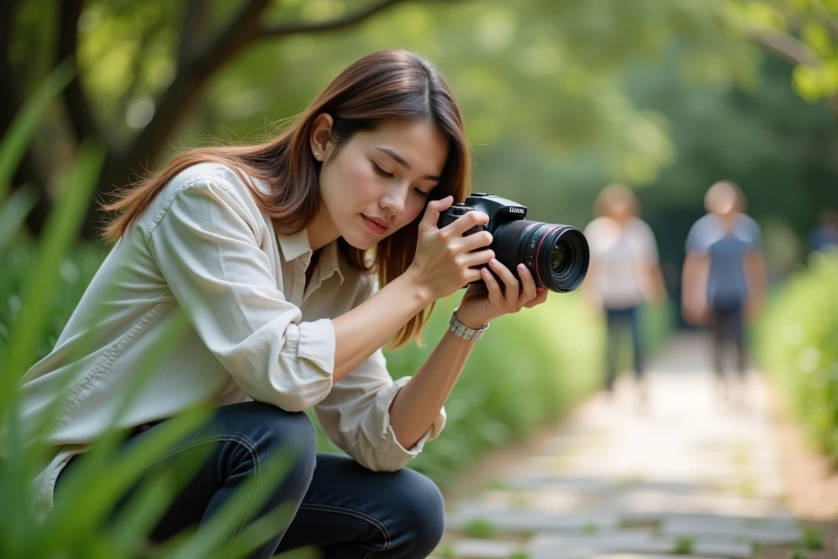 Femme photographe ajustant les réglages manuels de son appareil photo en mode manuel dans un jardin botanique verdoyant