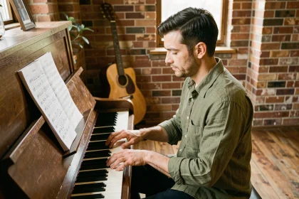 Pianiste adulte étudiant une tablature manuscrite de Let It Be posée sur un pupitre de piano droit dans un salon chaleureux avec guitare en arrière-plan