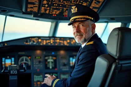 Pilote d'avion en uniforme dans le cockpit moderne