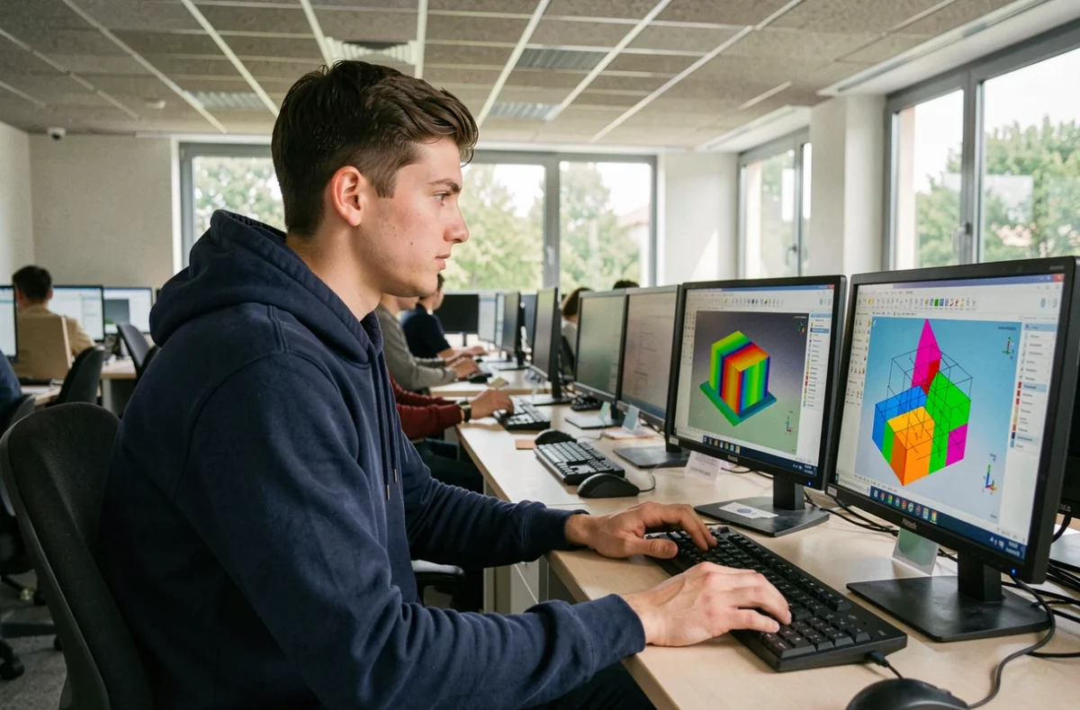 Étudiant de Polytech Marseille travaillant sur un logiciel de simulation structurelle dans une salle informatique