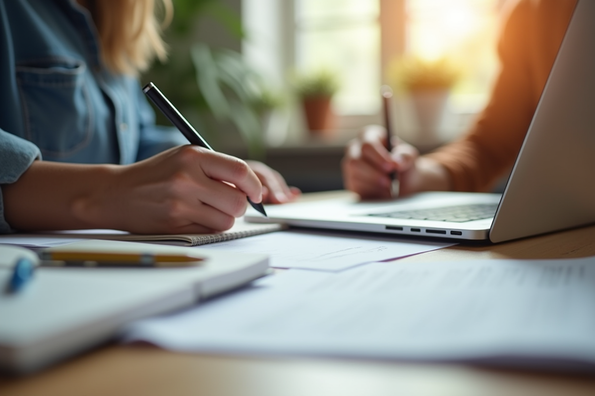 Mains prenant des notes dans un cahier avec ordinateur et documents éducatifs