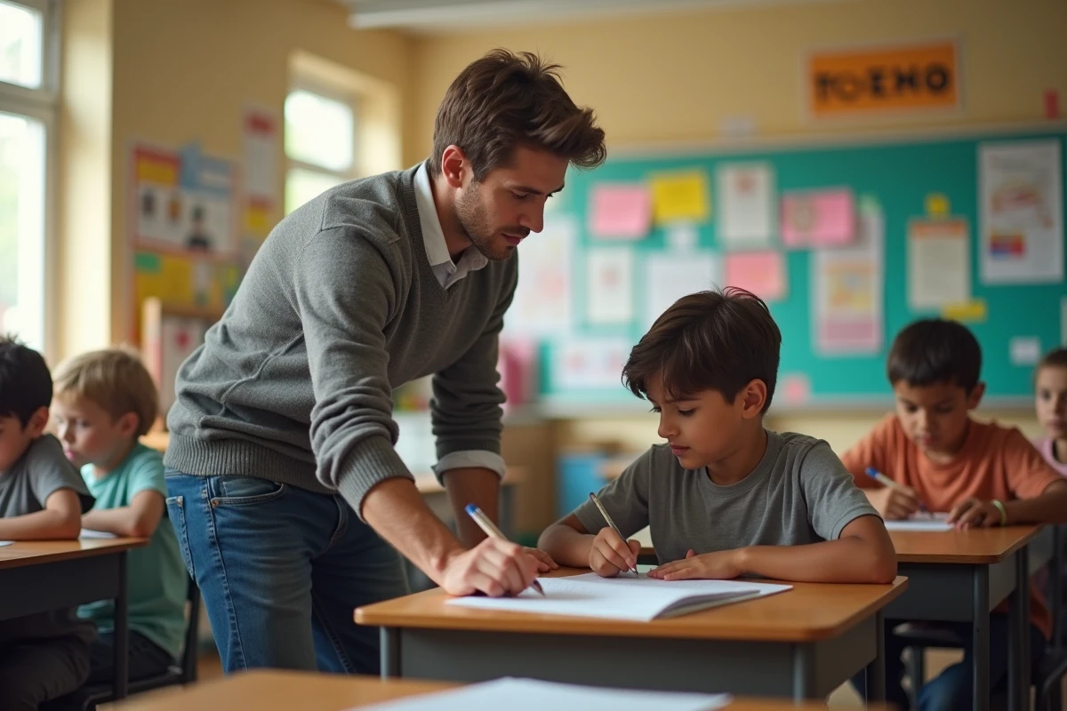 Professeur aidant un &eacute;l&egrave;ve dans une classe chaleureuse