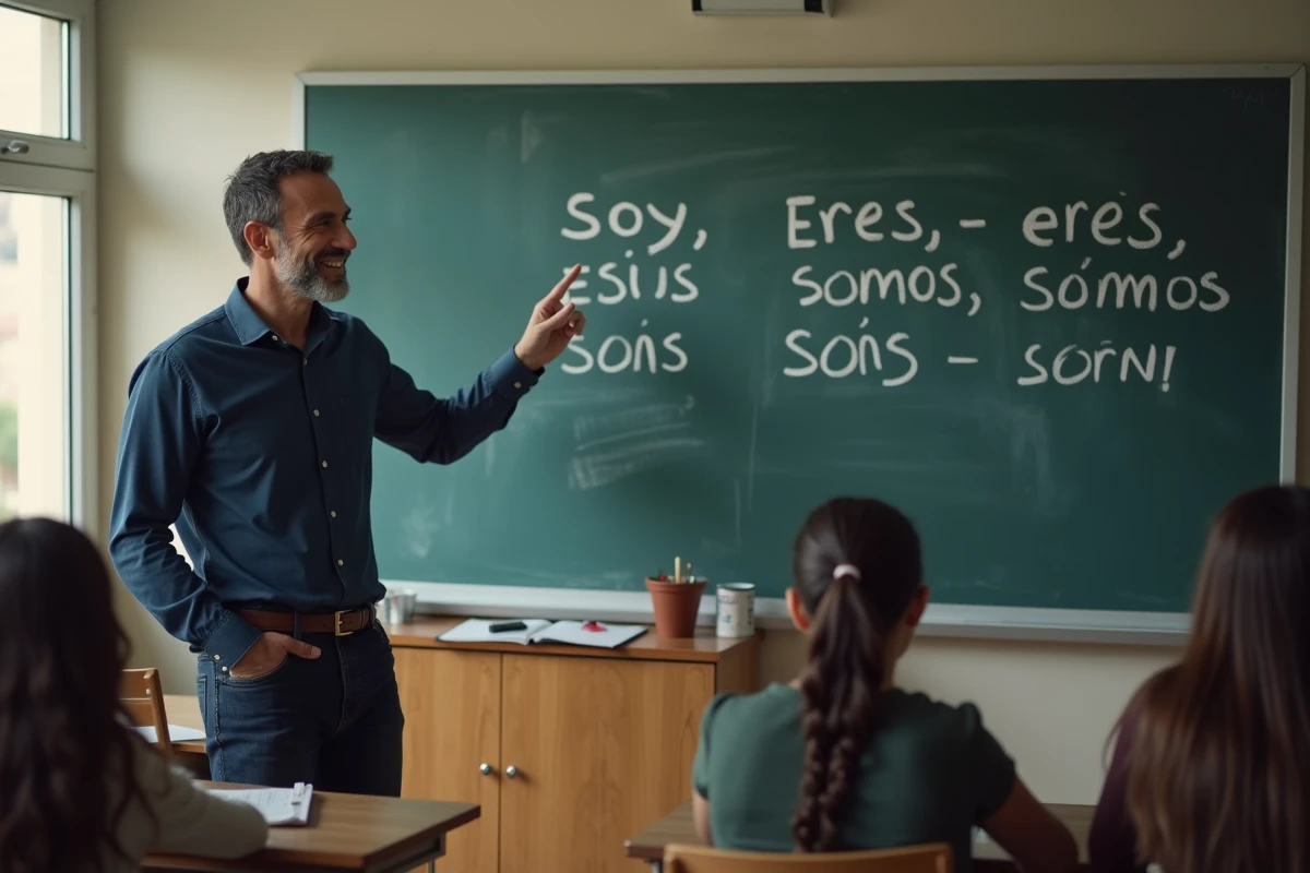 Professeur d'espagnol expliquant la conjugaison complète du verbe SER au tableau blanc devant une classe attentive