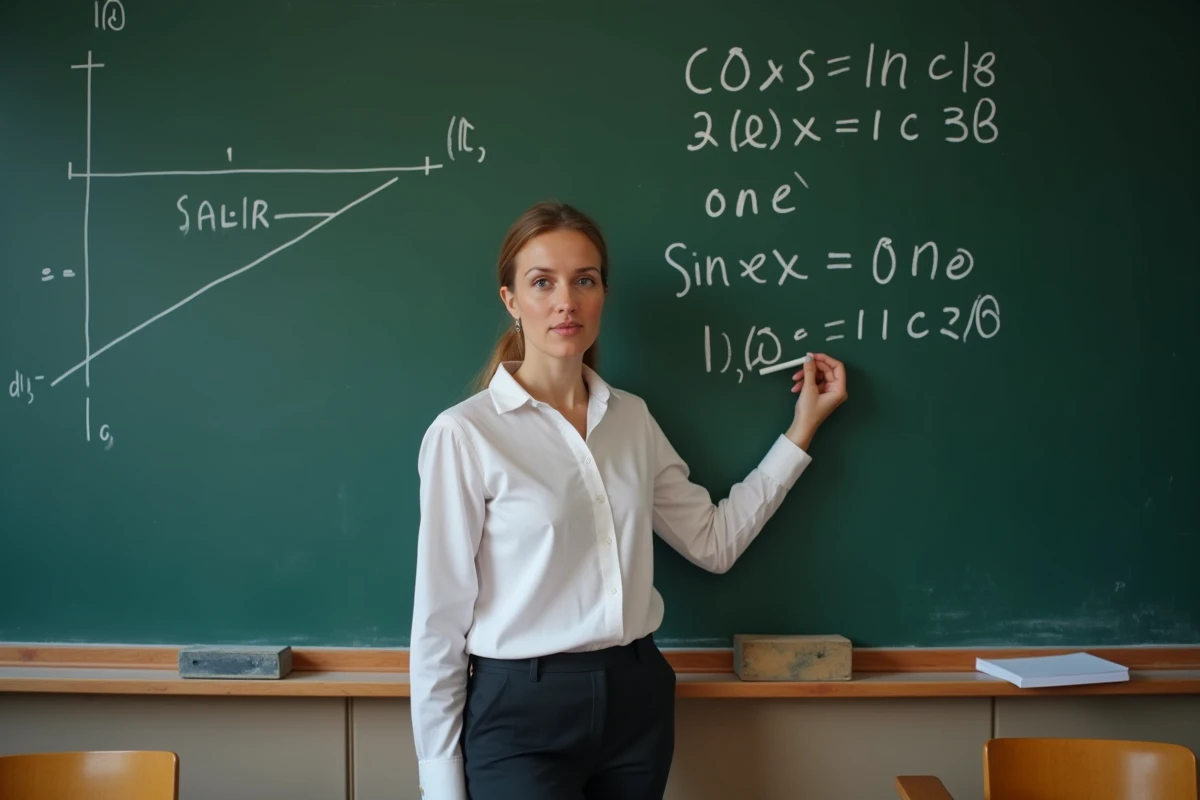 Professeure de mathématiques expliquant les identités trigonométriques cos et sin au tableau dans une salle de classe