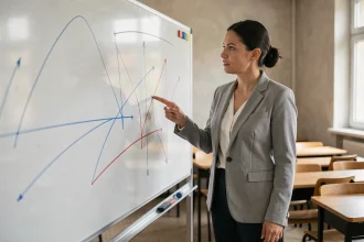 Professeure de mathématiques expliquant la tangente à une courbe sur un tableau blanc avec des graphiques tracés à la main