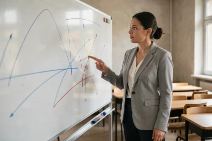 Professeure de mathématiques expliquant la tangente à une courbe sur un tableau blanc avec des graphiques tracés à la main