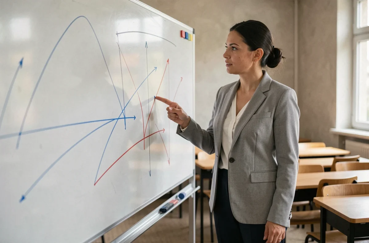 Professeure de mathématiques expliquant la tangente à une courbe sur un tableau blanc avec des graphiques tracés à la main