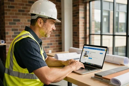 Professionnel du BTP consulte une formation certifiante CPF en ligne sur ordinateur portable dans un bureau de chantier