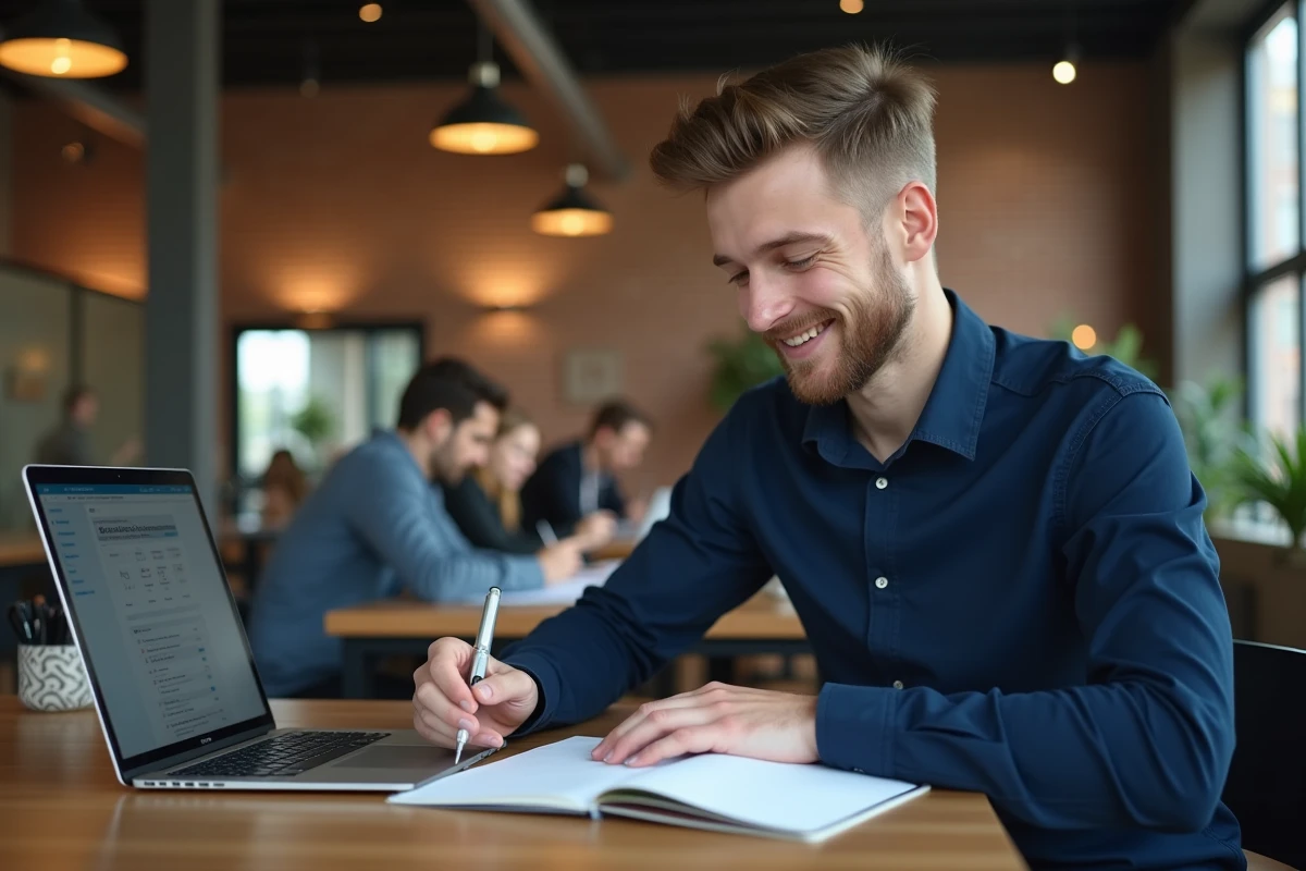 Professionnel préparant sa certification comptable sur une plateforme de révision en ligne dans un espace de coworking
