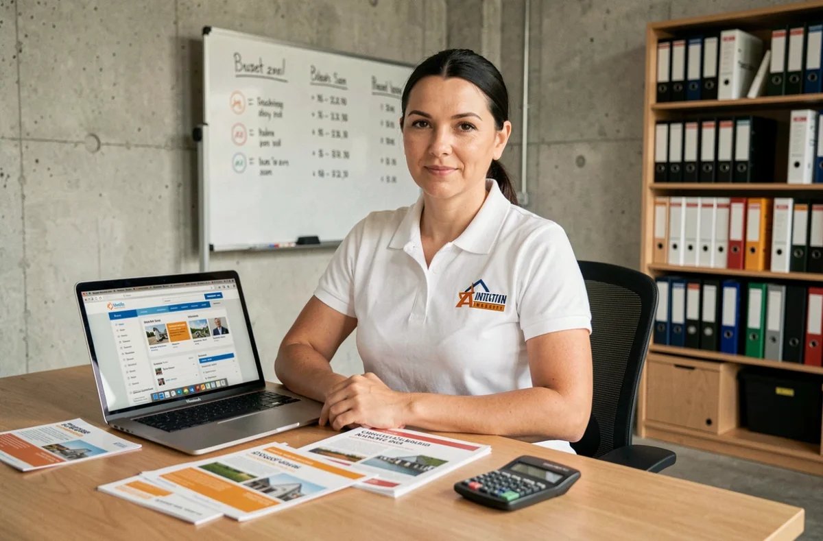 Professionnelle du BTP consultant un catalogue de formations en ligne avec des brochures de prix sur son bureau