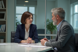 Deux professionnels en discussion dans un bureau moderne