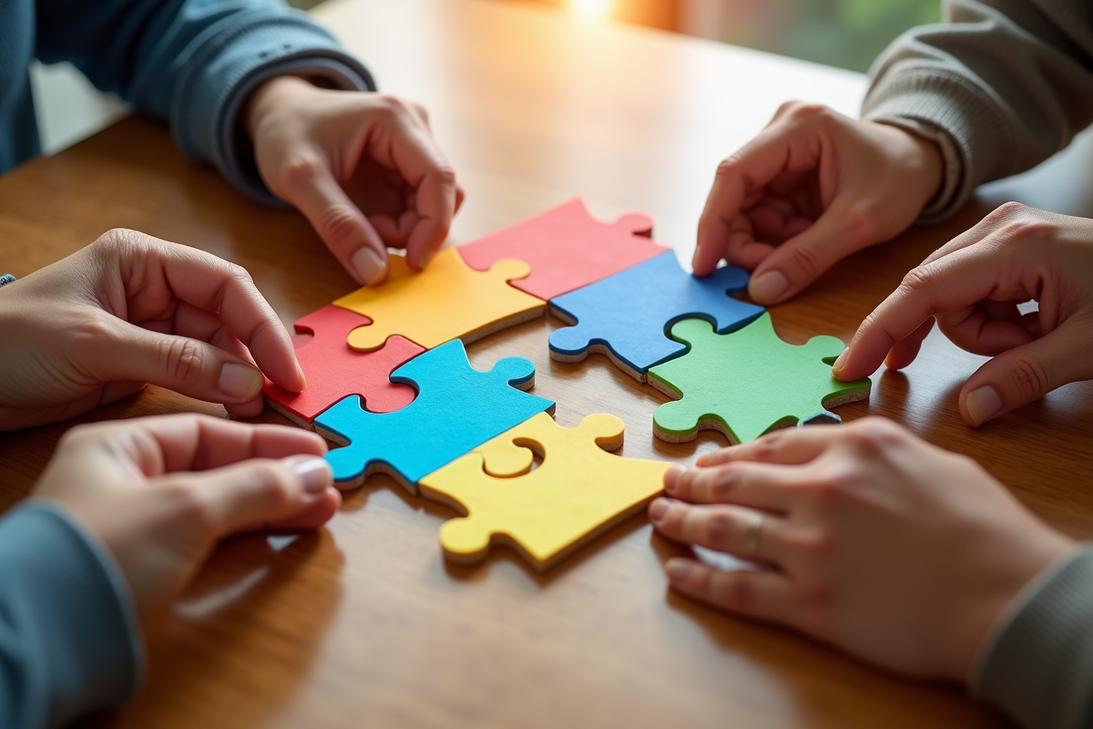 Main de différentes personnes assemblant un puzzle coloré