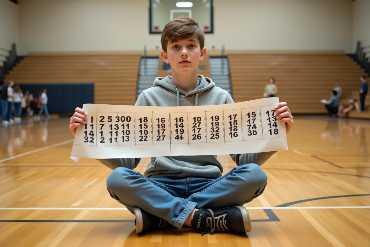 Adolescent tenant un long ruban imprimé des décimales du nombre Pi lors d'un concours de mathématiques dans un gymnase scolaire