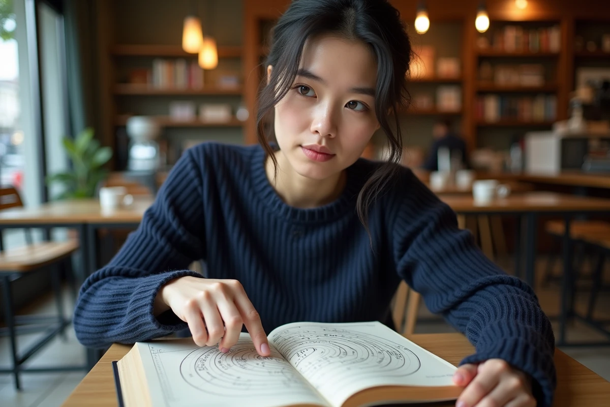 Jeune femme étudiant les décimales du nombre Pi dans un livre de mathématiques ouvert dans un café urbain