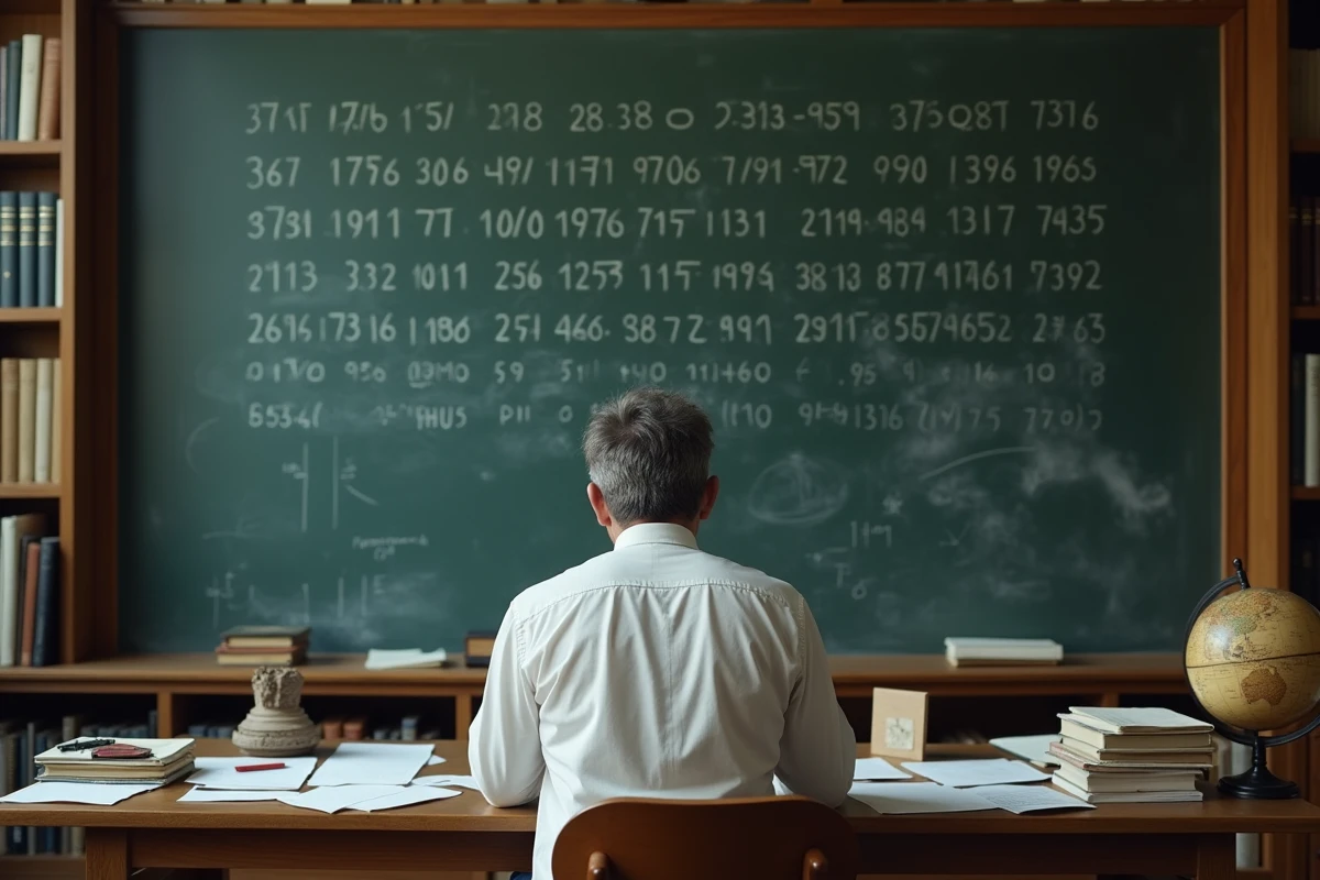 Homme concentré devant un tableau noir couvert des décimales du nombre Pi dans une salle d'étude encombrée de livres de mathématiques