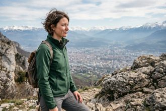 Femme en randonnée dans les Alpes avec vue sur Grenoble
