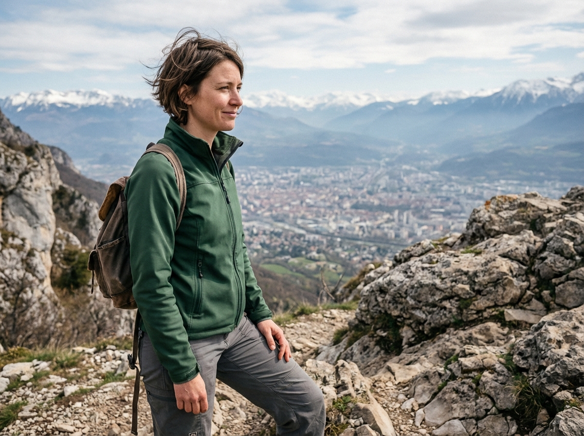 Femme en randonnée dans les Alpes avec vue sur Grenoble
