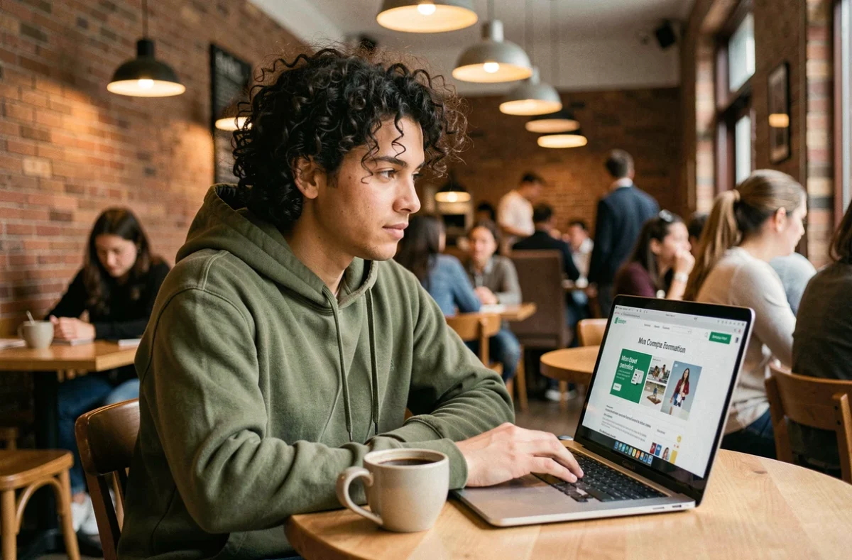 Jeune adulte recherchant une formation éligible au CPF sur le site Mon Compte Formation dans un café