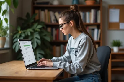 Étudiante configurant la redirection de sa boîte mail académique de Clermont-Ferrand sur son ordinateur portable dans son appartement universitaire