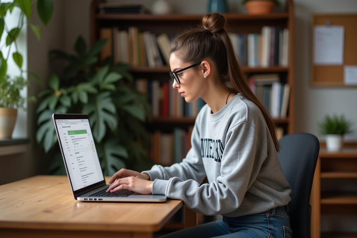 Étudiante configurant la redirection de sa boîte mail académique de Clermont-Ferrand sur son ordinateur portable dans son appartement universitaire