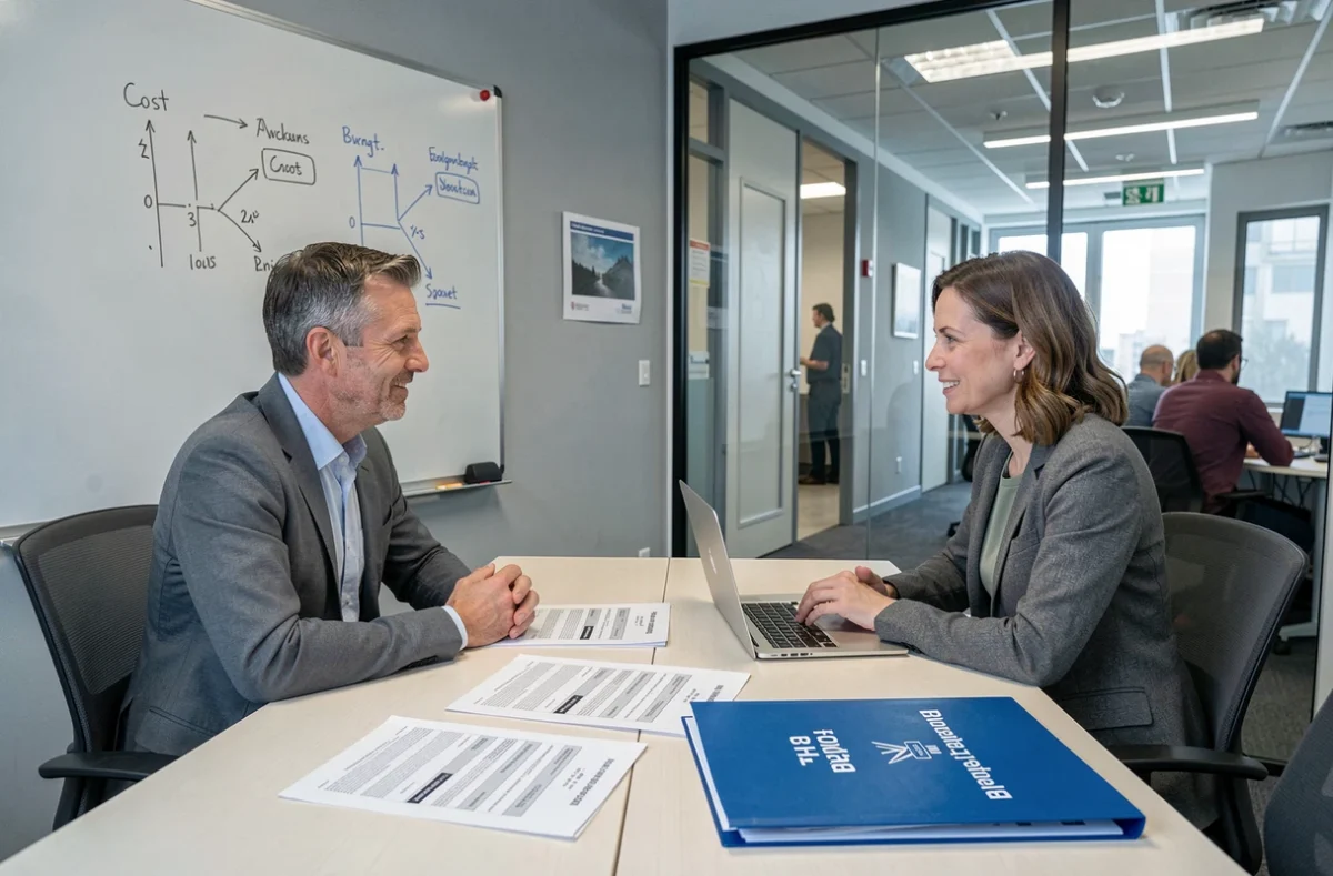 Deux professionnels du bâtiment comparant des prix de formations BTP autour d'une table de réunion