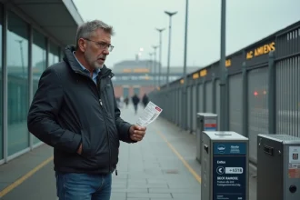 Homme anxieux avec billet devant stade Amiens