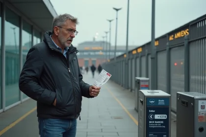 Homme anxieux avec billet devant stade Amiens