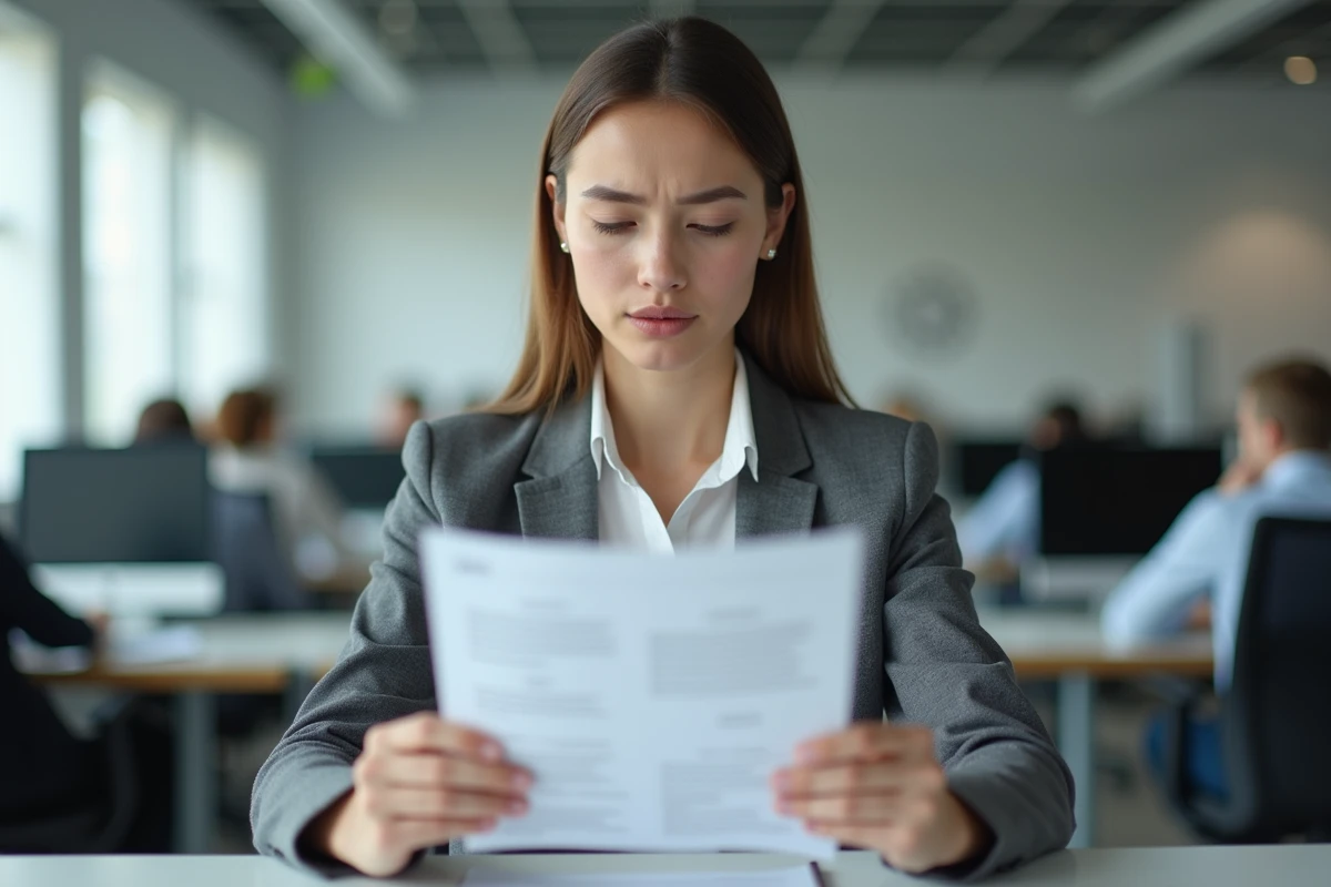 Jeune stagiaire lisant son rapport d'appréciation de fin de stage dans un bureau professionnel
