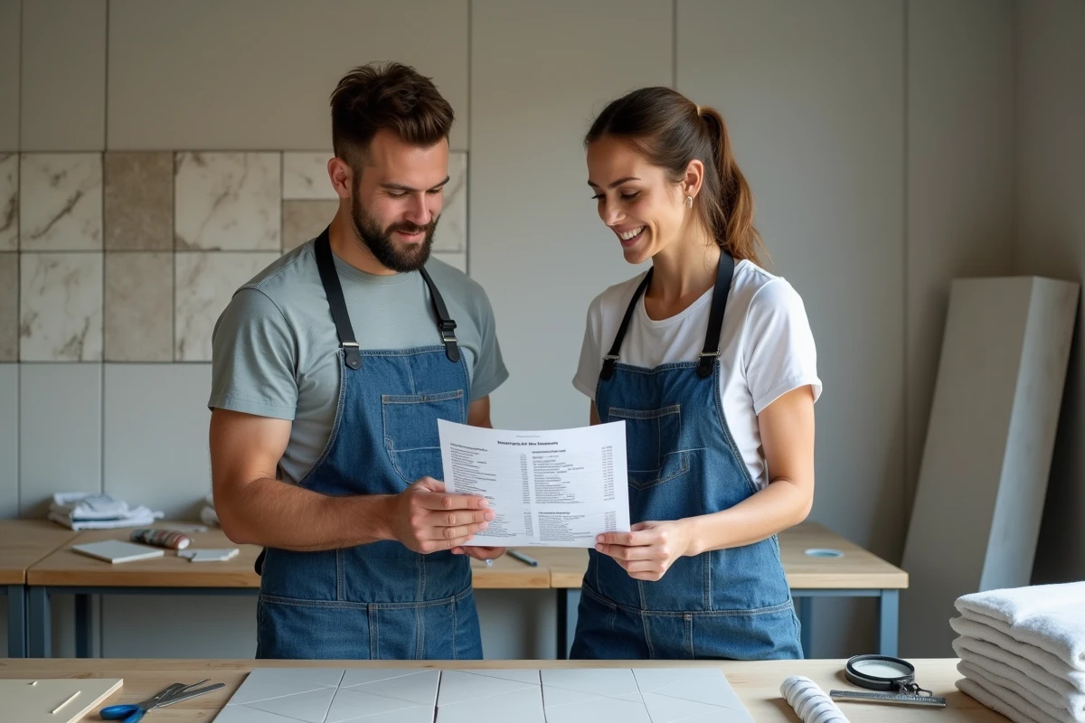 Deux stagiaires en formation carrelage consultant la liste des tarifs de modules de formation bricolage dans un centre de formation professionnel
